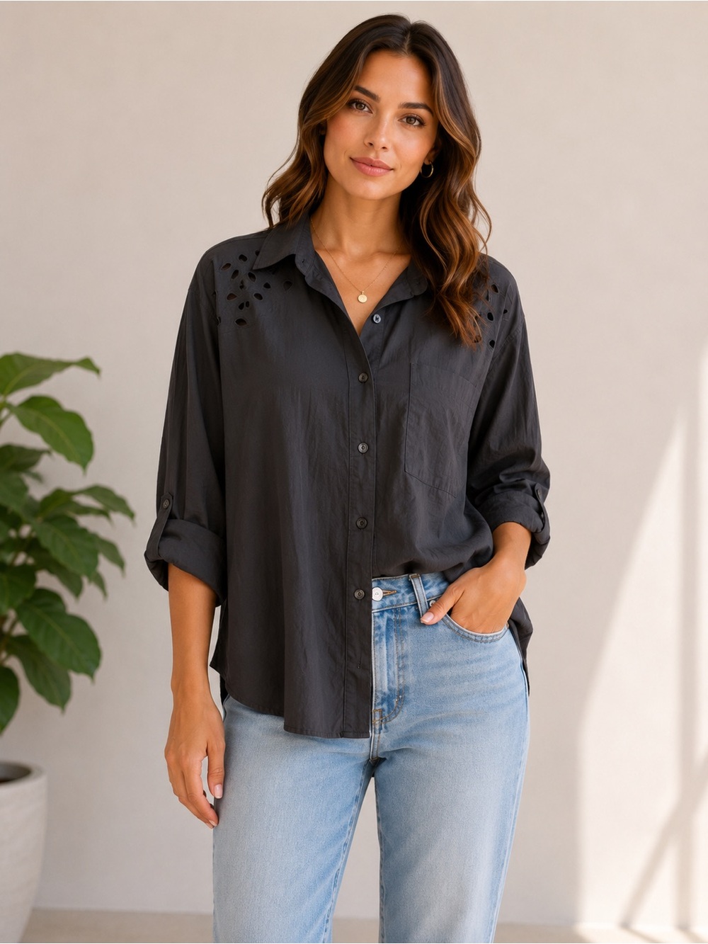Young Fabulous & Broke Black Eyelet-Detail Button Down Shirt